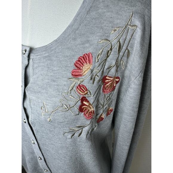 Esperanza Gray Embroidered Floral XL Sweater Cardigan Secretary Retro - Picture 7 of 10
